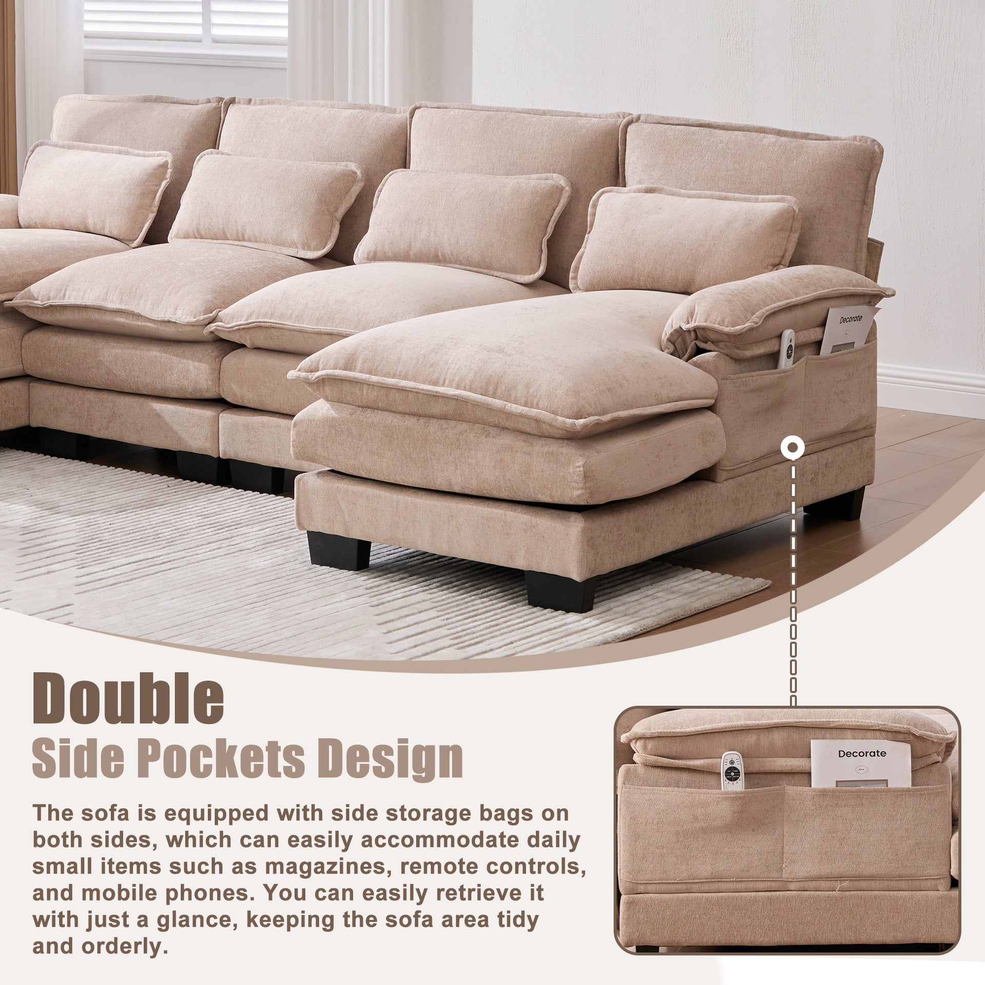 UNITED WE WIN   U Shaped Cloud Couch, 110" Chenille Comfy 4 Seat Sectional Couches for Living Room, Modular Sofa Sleeper with Double Chaise & Memory Foam for Apartment