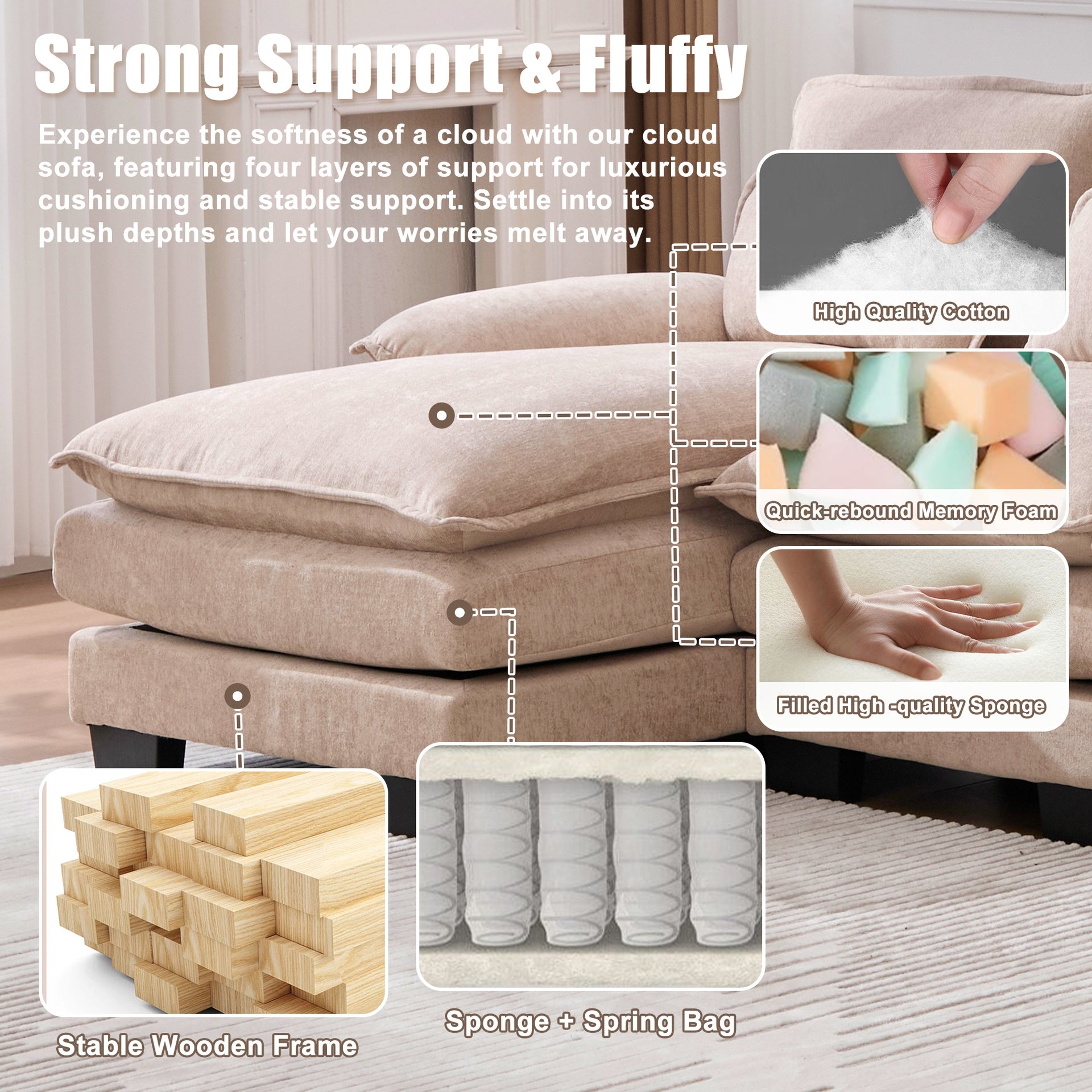 UNITED WE WIN   U Shaped Cloud Couch, 110" Chenille Comfy 4 Seat Sectional Couches for Living Room, Modular Sofa Sleeper with Double Chaise & Memory Foam for Apartment