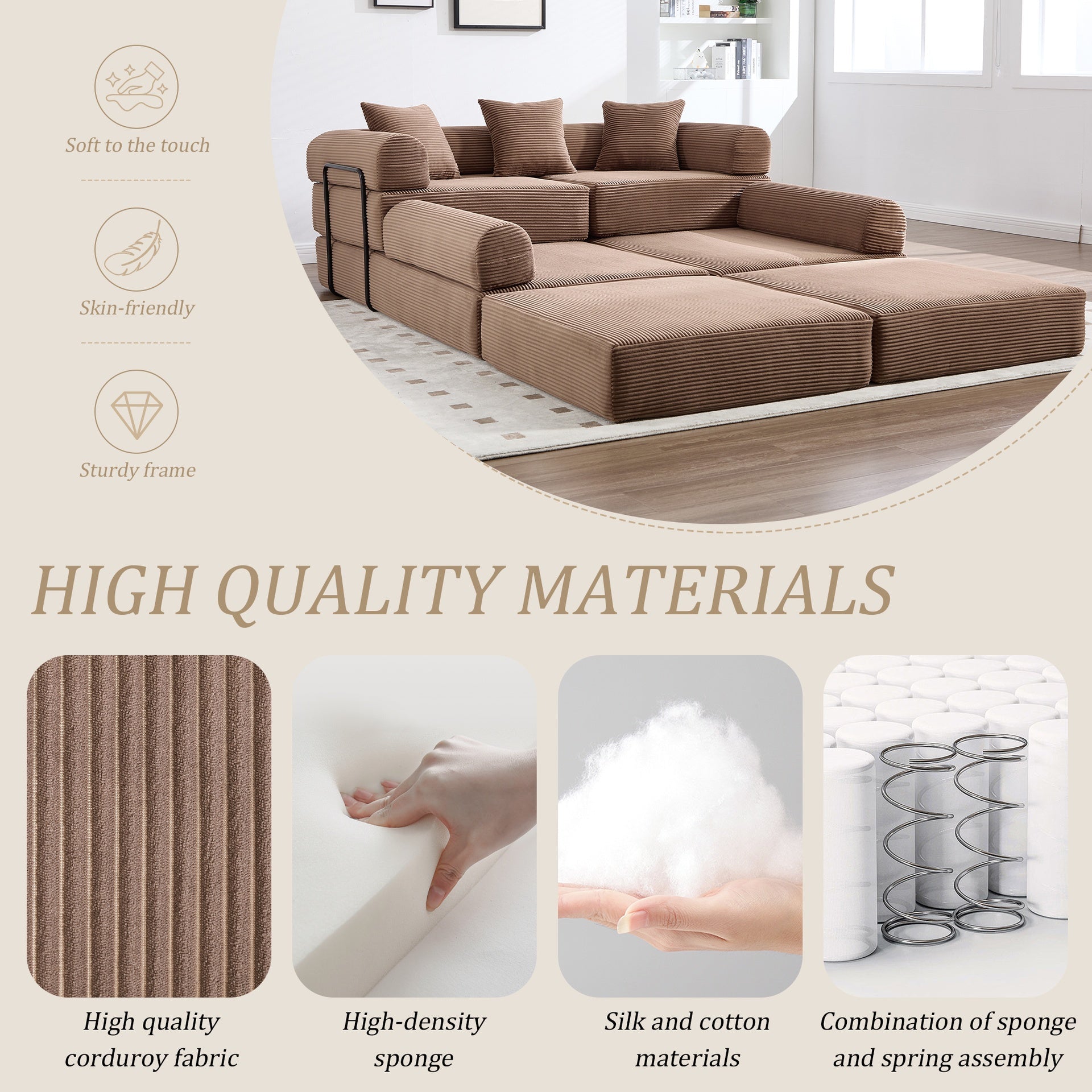 UNITED WE WIN convertible folding sofa bed, with fixed frame and pillow back handrail, cloud corduroy folding mattress sofa, folding memory foam bed in living room/dormitory/guest room/home office/apt