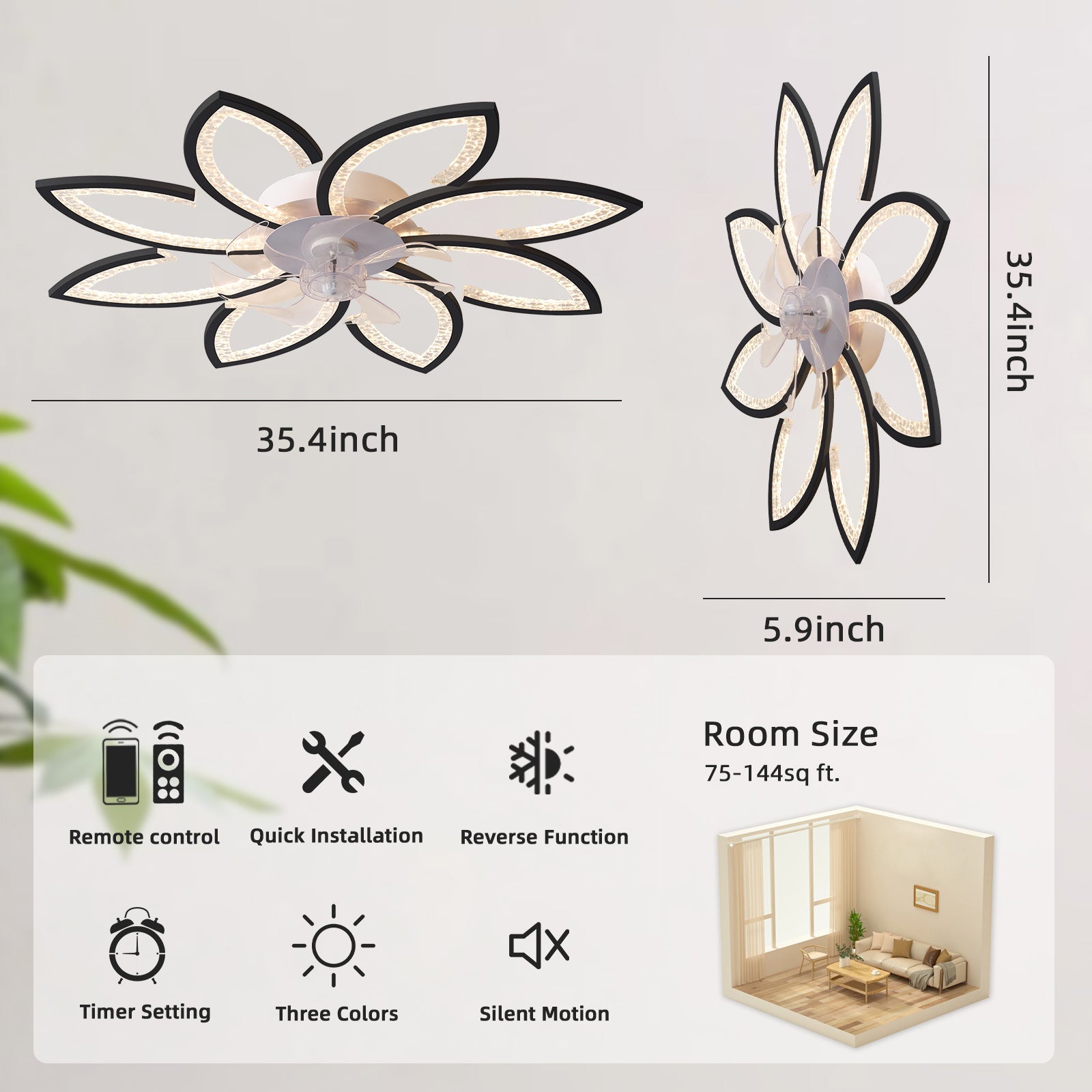 35.4In Ceiling Fan with Lights, Remote Control 3 Color Temperatures,6 Gear wind Speed Fan Light