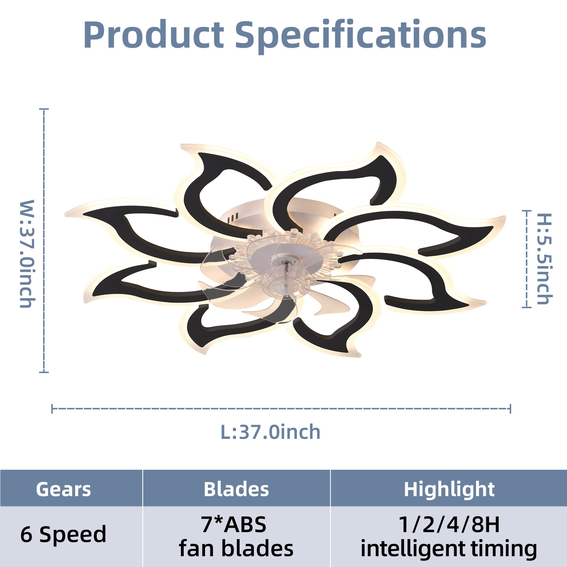 37In Black Ceiling Fan with Lights, Remote Control 3 Color Temperatures,6 Gear wind Speed Fan Light