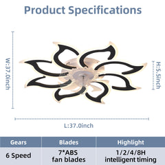 37In Black Ceiling Fan with Lights, Remote Control 3 Color Temperatures,6 Gear wind Speed Fan Light