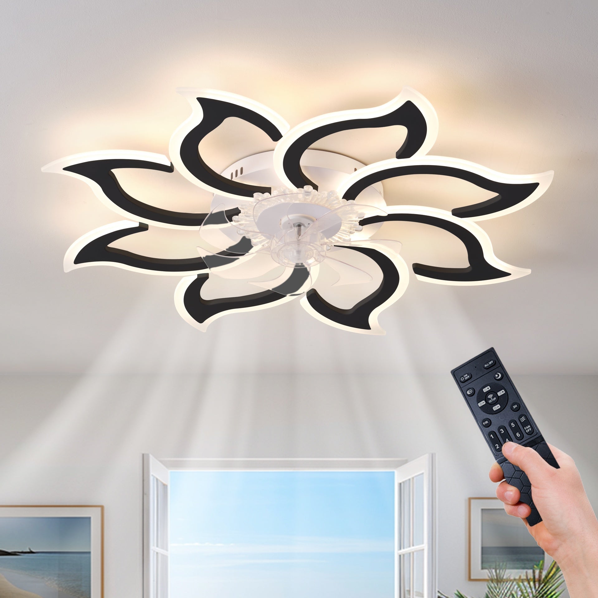 37In Black Ceiling Fan with Lights, Remote Control 3 Color Temperatures,6 Gear wind Speed Fan Light
