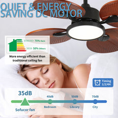 33-Inch Ceiling Fan with Light, 5 Solid Wood Blades, DC Motor, APP & Remote Control, Dimmable Full-Spectrum LED, Reversible Airflow, for 15x15 ft Living Room Bedroom, Works on Sloped Ceilings (<15°)