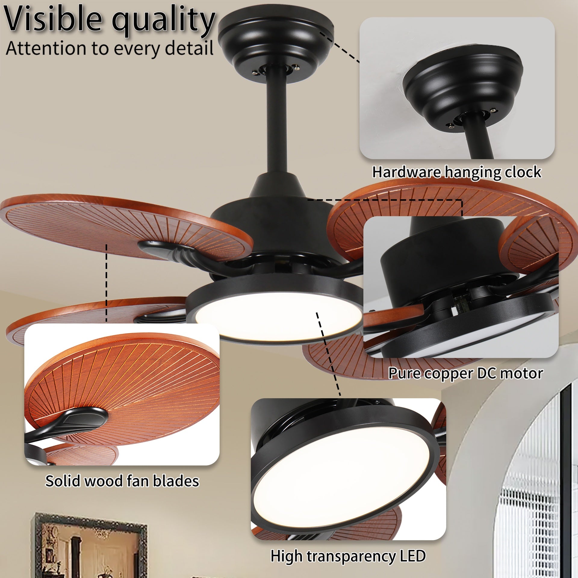 33-Inch Ceiling Fan with Light, 5 Solid Wood Blades, DC Motor, APP & Remote Control, Dimmable Full-Spectrum LED, Reversible Airflow, for 15x15 ft Living Room Bedroom, Works on Sloped Ceilings (<15°)