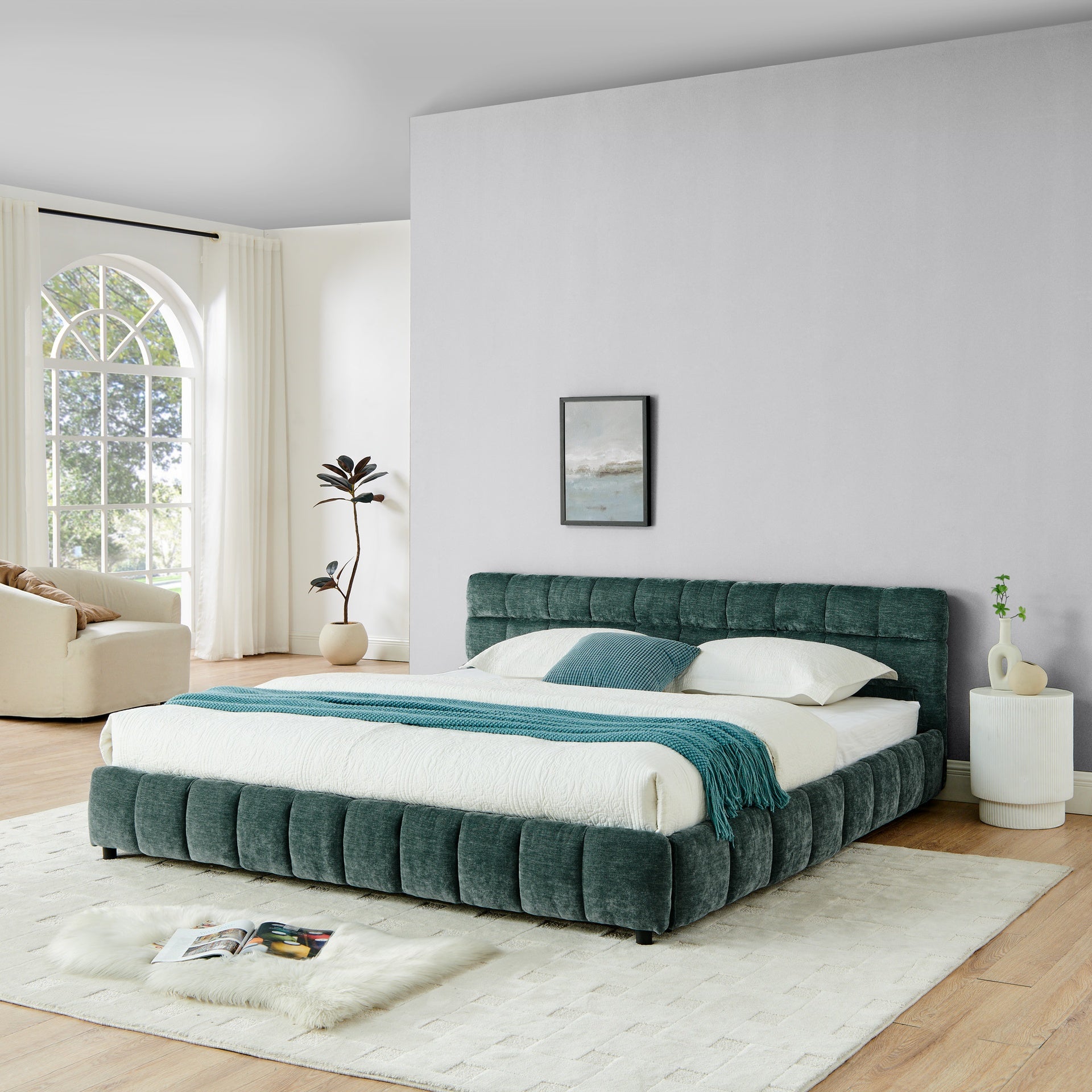 King Size Upholstered Bed ,comfortable upholstered bed frame, Chenille fabric, with headboard and solid bed frame. With drawer for storage-green(88.5''*85.5''*31'')