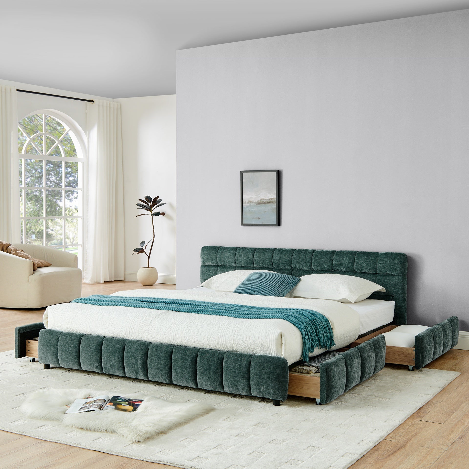 King Size Upholstered Bed ,comfortable upholstered bed frame, Chenille fabric, with headboard and solid bed frame. With drawer for storage-green(88.5''*85.5''*31'')
