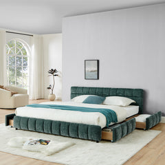 King Size Upholstered Bed ,comfortable upholstered bed frame, Chenille fabric, with headboard and solid bed frame. With drawer for storage-green(88.5''*85.5''*31'')
