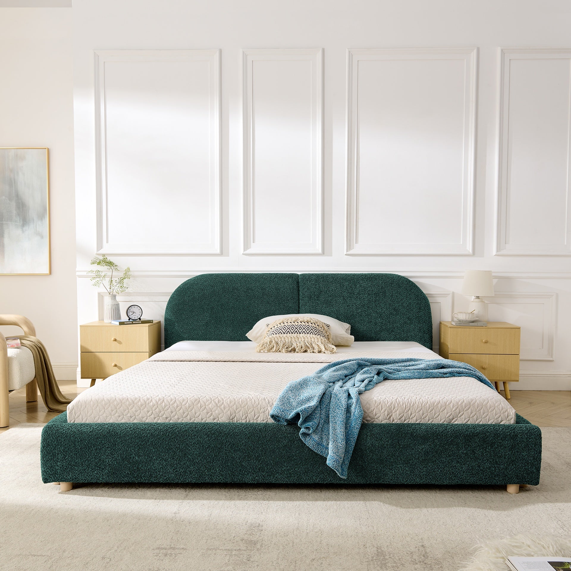 Queen Size Upholstered Bed Frame, Modern Minimalist Style with Tall Curved Headboard, Premium Circle Yarn Fabric & Sturdy Leg Support, Mattress Not Included-Green
