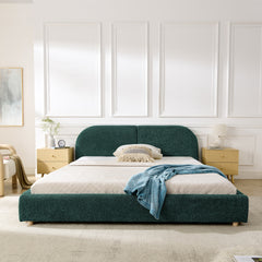 Queen Size Upholstered Bed Frame, Modern Minimalist Style with Tall Curved Headboard, Premium Circle Yarn Fabric & Sturdy Leg Support, Mattress Not Included-Green