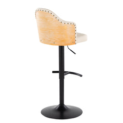 Ahoy Contemporary Adjustable Barstool with Swivel in Black Metal, Natural Bamboo Wood and Cream Faux Leather with Rounded T Footrest by LumiSource - Set of 2