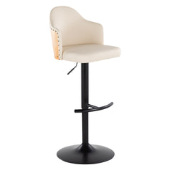 Ahoy Contemporary Adjustable Barstool with Swivel in Black Metal, Natural Bamboo Wood and Cream Faux Leather with Rounded T Footrest by LumiSource - Set of 2
