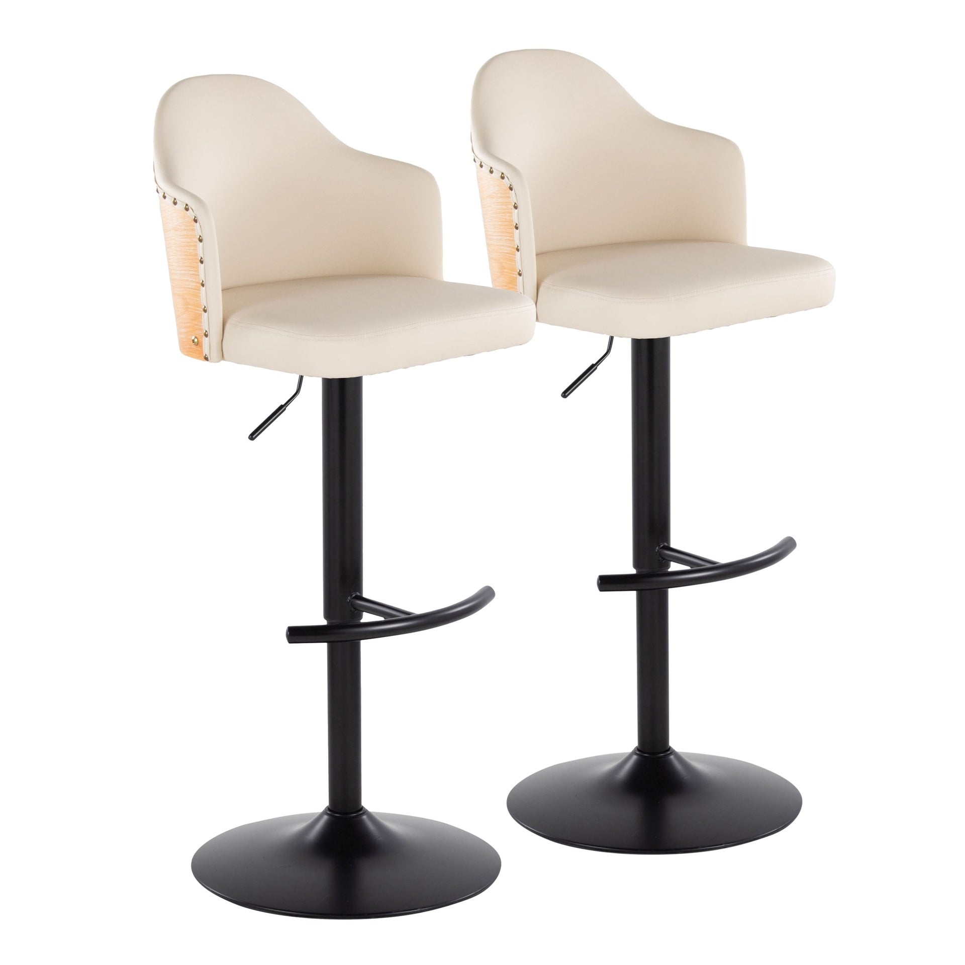 Ahoy Contemporary Adjustable Barstool with Swivel in Black Metal, Natural Bamboo Wood and Cream Faux Leather with Rounded T Footrest by LumiSource - Set of 2