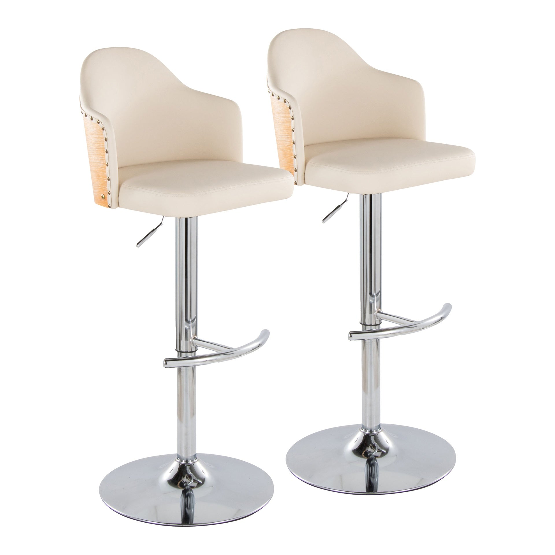 Ahoy Contemporary Adjustable Barstool with Swivel in Chrome Metal, Natural Bamboo Wood and Cream Faux Leather with Rounded T Footrest by LumiSource - Set of 2