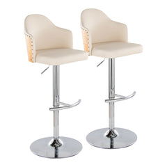 Ahoy Contemporary Adjustable Barstool with Swivel in Chrome Metal, Natural Bamboo Wood and Cream Faux Leather with Rounded T Footrest by LumiSource - Set of 2