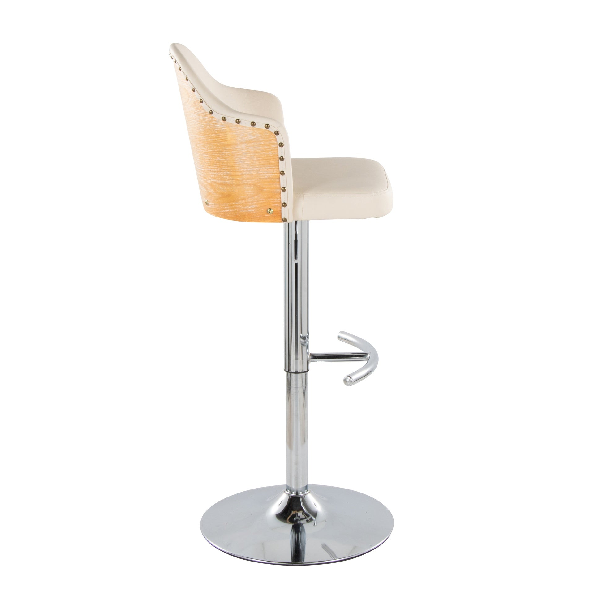 Ahoy Contemporary Adjustable Barstool with Swivel in Chrome Metal, Natural Bamboo Wood and Cream Faux Leather with Rounded T Footrest by LumiSource - Set of 2