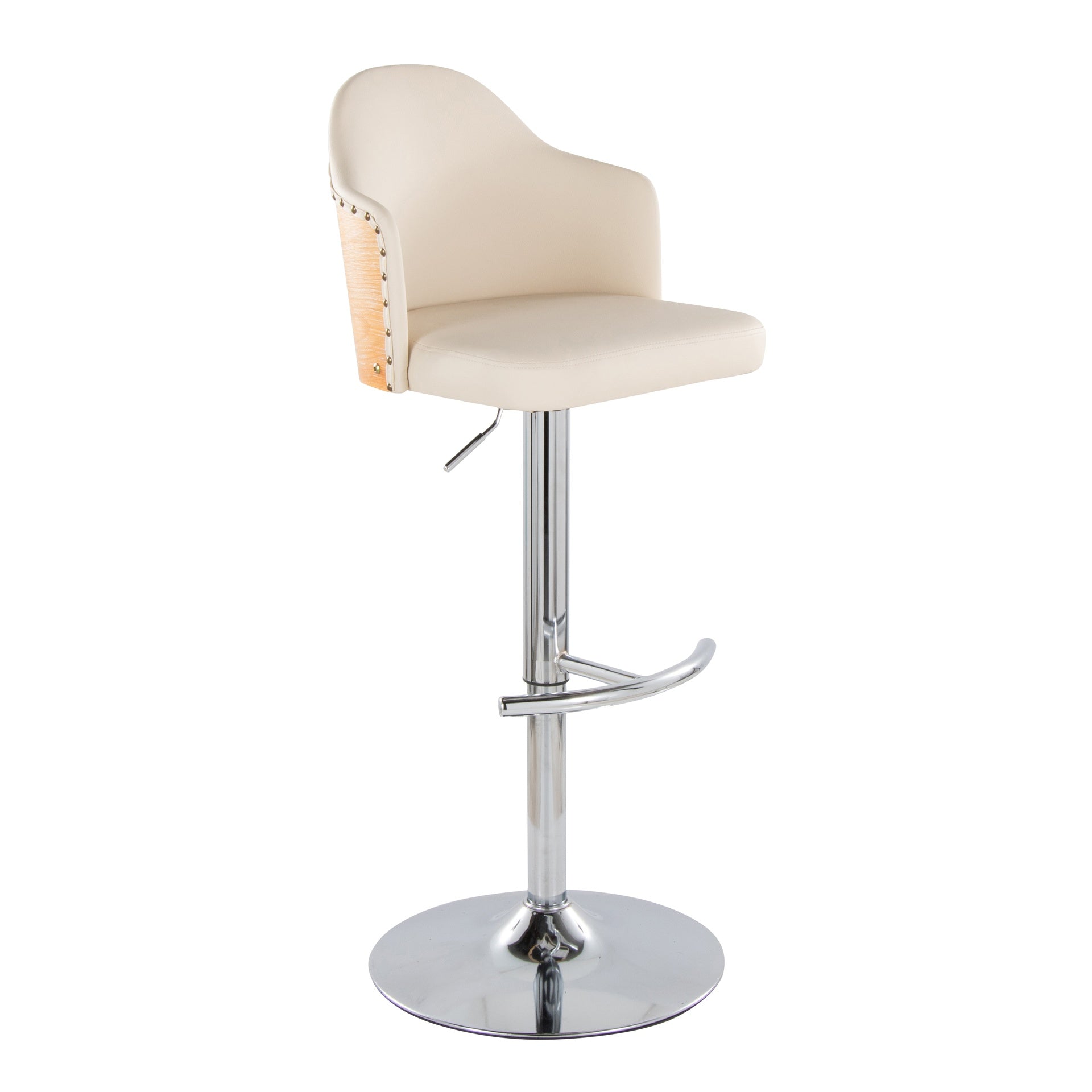Ahoy Contemporary Adjustable Barstool with Swivel in Chrome Metal, Natural Bamboo Wood and Cream Faux Leather with Rounded T Footrest by LumiSource - Set of 2