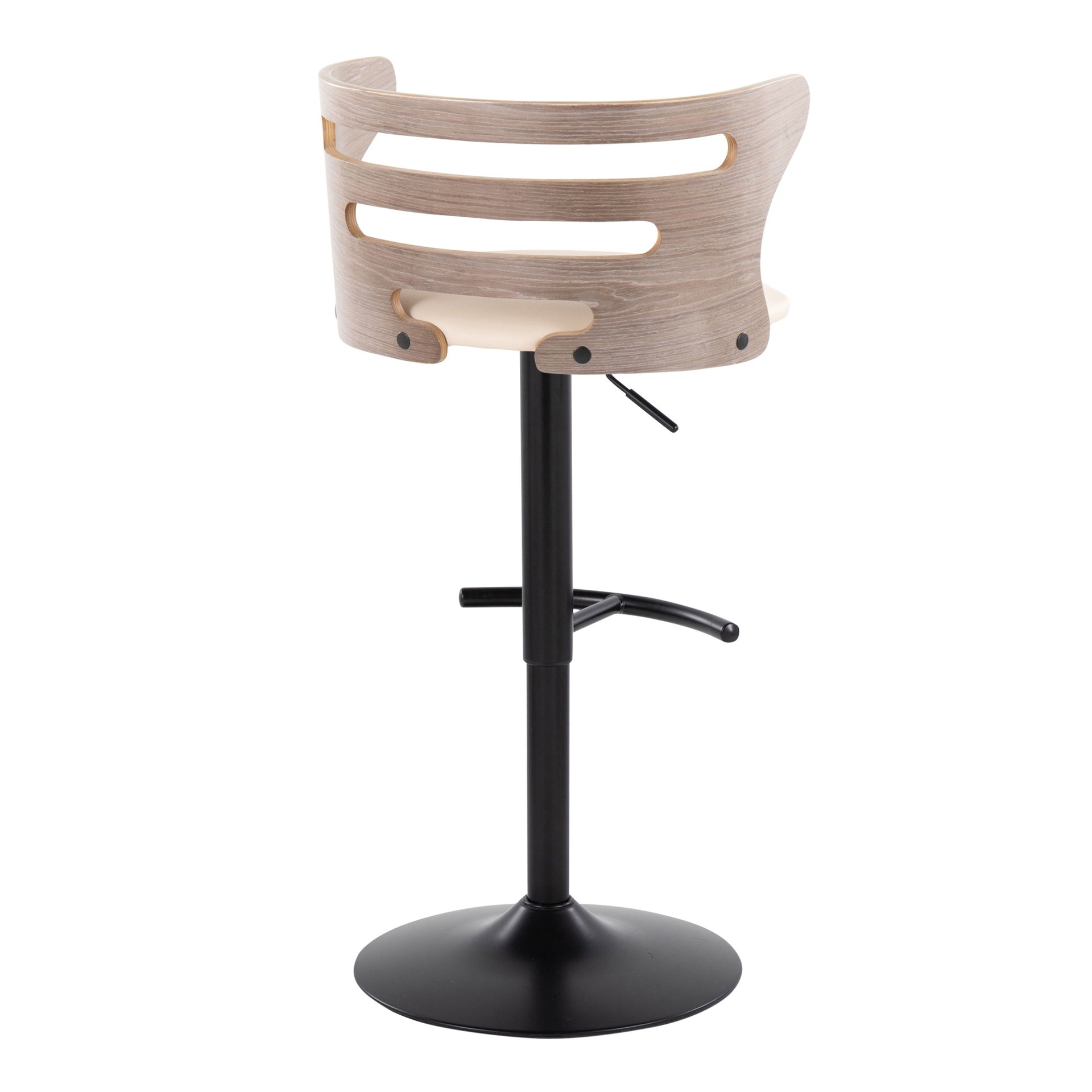 Cosi Mid-Century Modern Adjustable Barstool with Swivel in Black Metal, Light Grey Wood and Cream Faux Leather with Rounded T Footrest by LumiSource - Set of 2