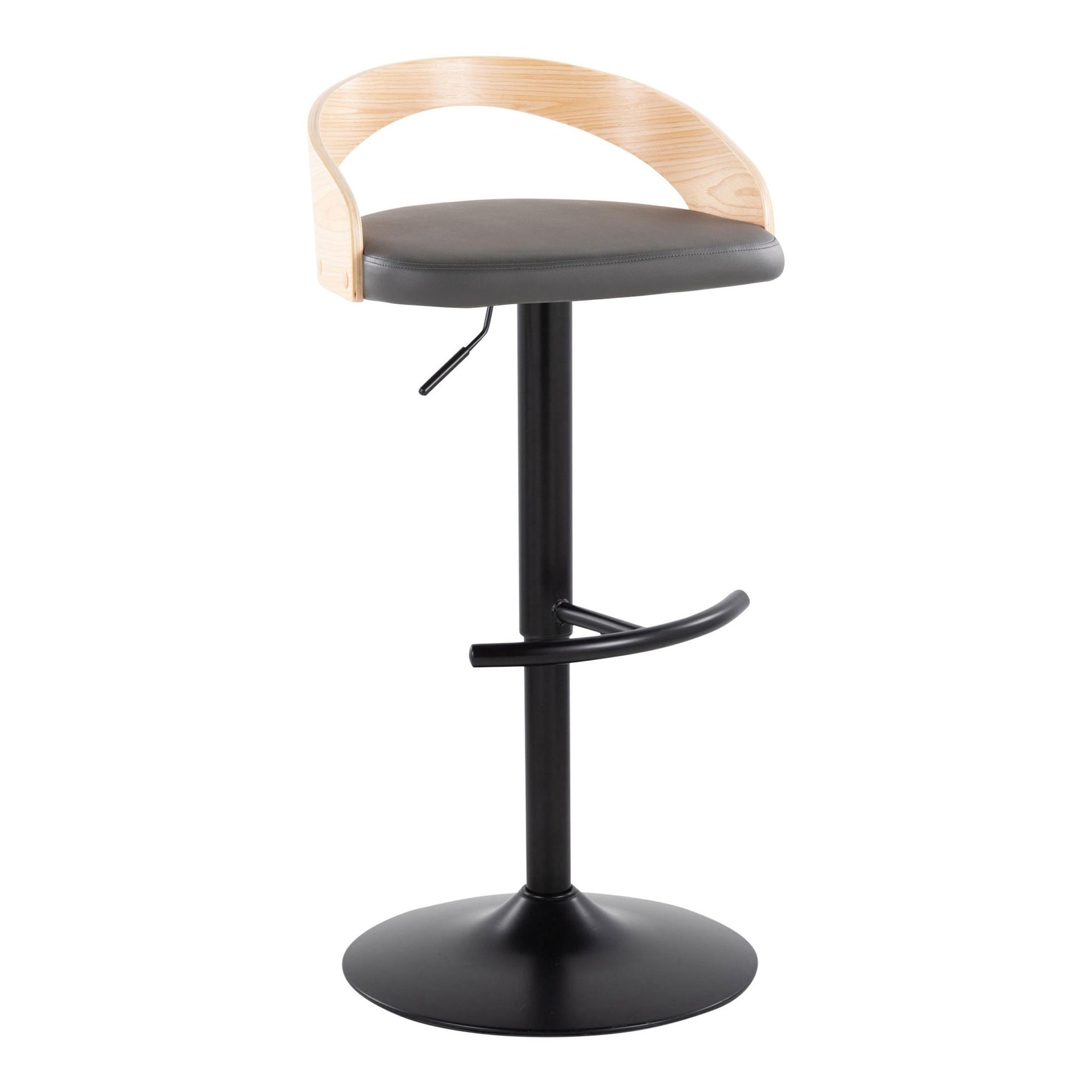 Grotto Contemporary Adjustable Barstool with Swivel in Black Metal, Natural Wood and Grey Faux Leather with Rounded T Footrest by LumiSource - Set of 2
