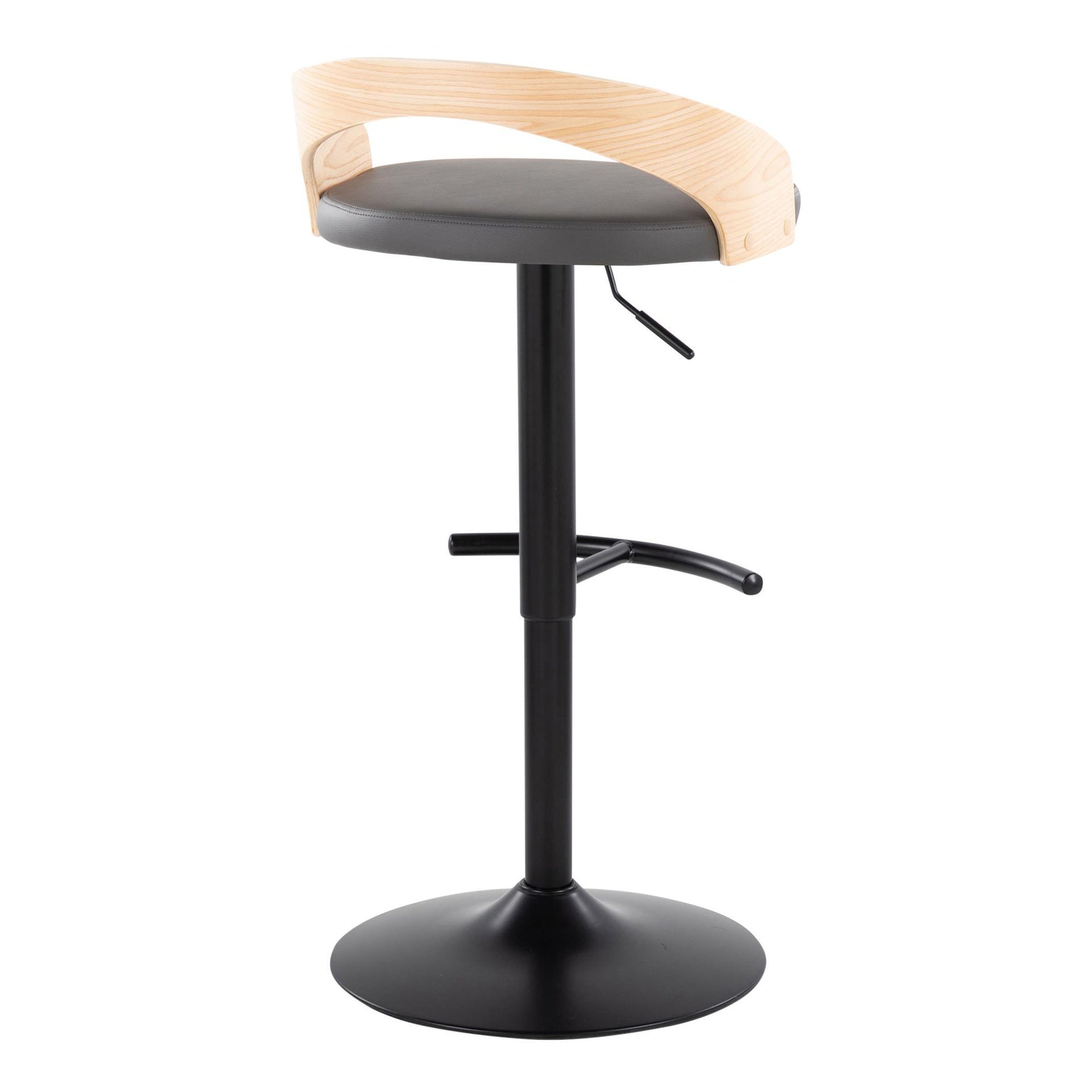 Grotto Contemporary Adjustable Barstool with Swivel in Black Metal, Natural Wood and Grey Faux Leather with Rounded T Footrest by LumiSource - Set of 2