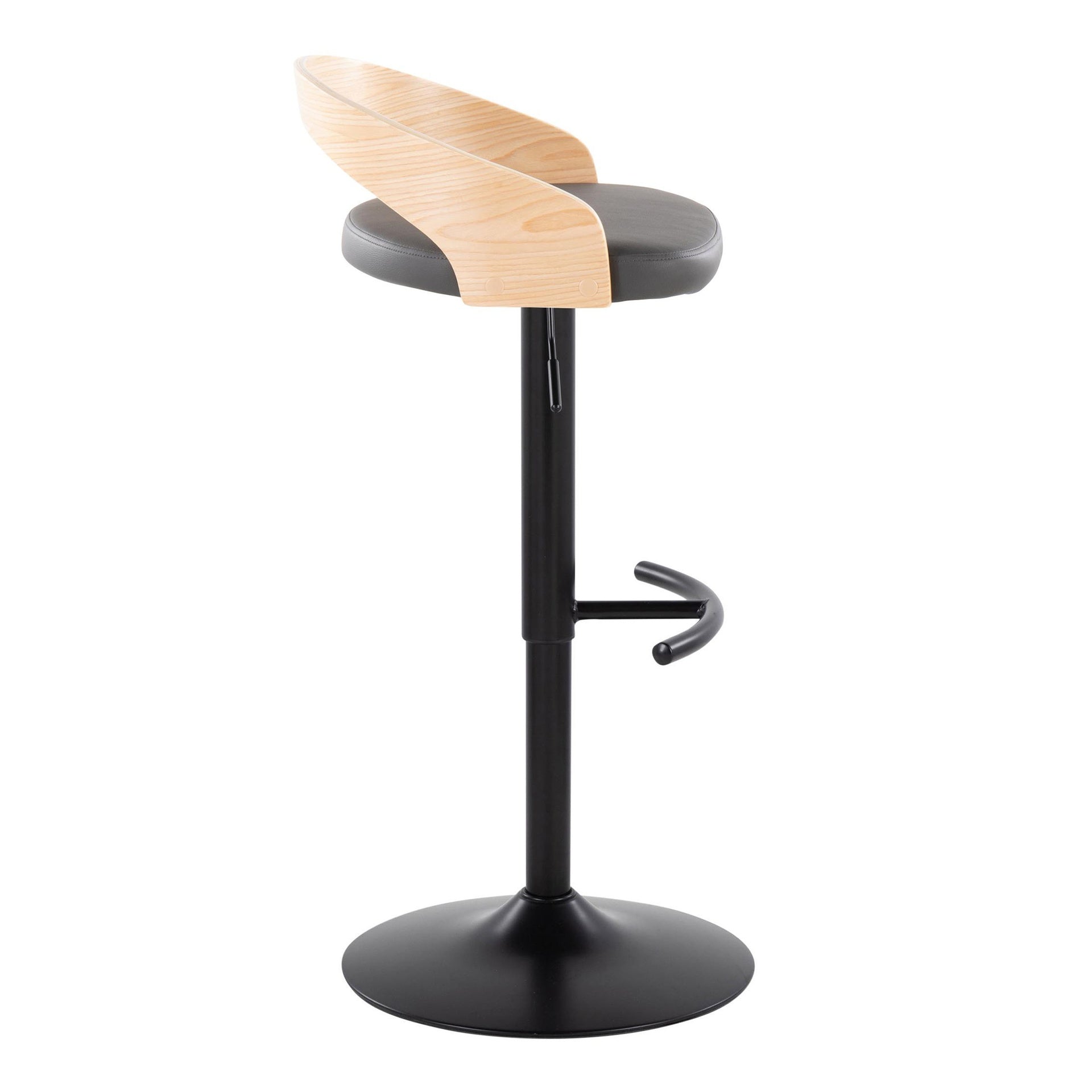 Grotto Contemporary Adjustable Barstool with Swivel in Black Metal, Natural Wood and Grey Faux Leather with Rounded T Footrest by LumiSource - Set of 2