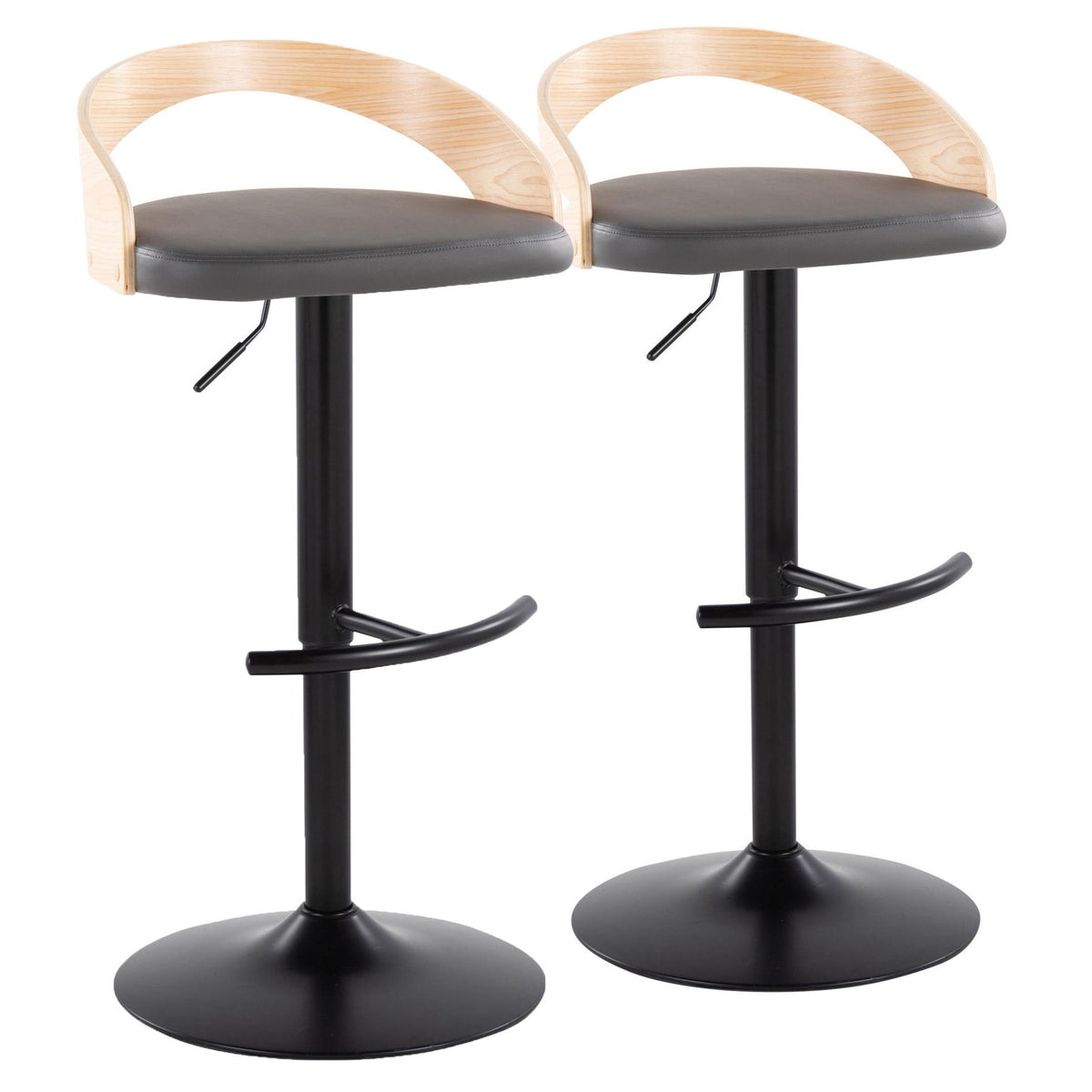 Grotto Contemporary Adjustable Barstool with Swivel in Black Metal, Natural Wood and Grey Faux Leather with Rounded T Footrest by LumiSource - Set of 2