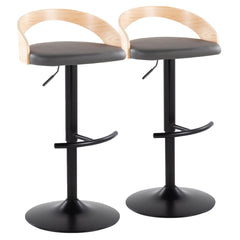 Grotto Contemporary Adjustable Barstool with Swivel in Black Metal, Natural Wood and Grey Faux Leather with Rounded T Footrest by LumiSource - Set of 2