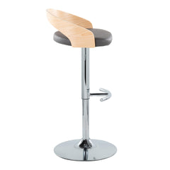 Grotto Contemporary Adjustable Barstool with Swivel in Chrome Metal, Natural Wood and Grey Faux Leather with Rounded T Footrest by LumiSource - Set of 2