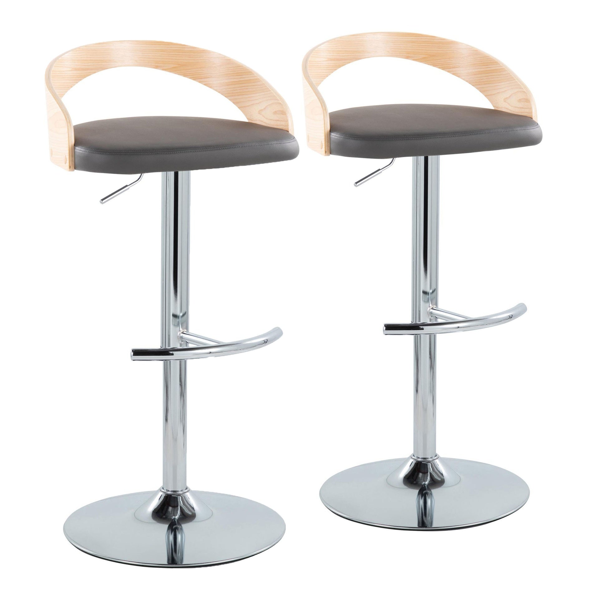 Grotto Contemporary Adjustable Barstool with Swivel in Chrome Metal, Natural Wood and Grey Faux Leather with Rounded T Footrest by LumiSource - Set of 2