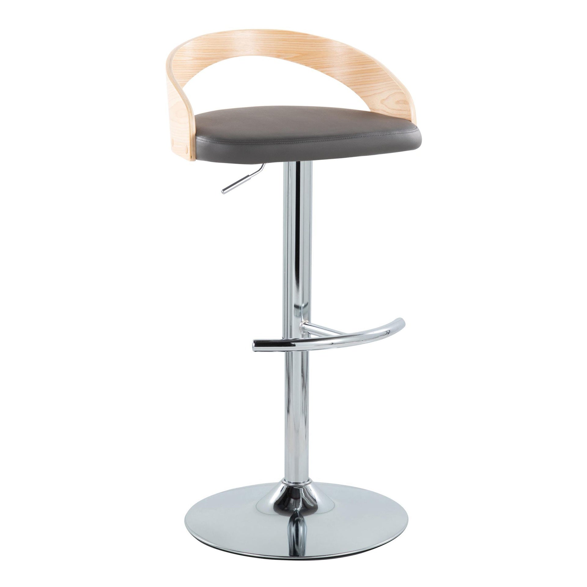 Grotto Contemporary Adjustable Barstool with Swivel in Chrome Metal, Natural Wood and Grey Faux Leather with Rounded T Footrest by LumiSource - Set of 2