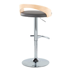Grotto Contemporary Adjustable Barstool with Swivel in Chrome Metal, Natural Wood and Grey Faux Leather with Rounded T Footrest by LumiSource - Set of 2