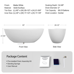 65" Freestanding Solid Surface Bathtub, Luxury Handcrafted Stone Resin Freestanding Soaking Bathtub with Overflow and Pop-up Drain, Matte White 24S06-65MW
