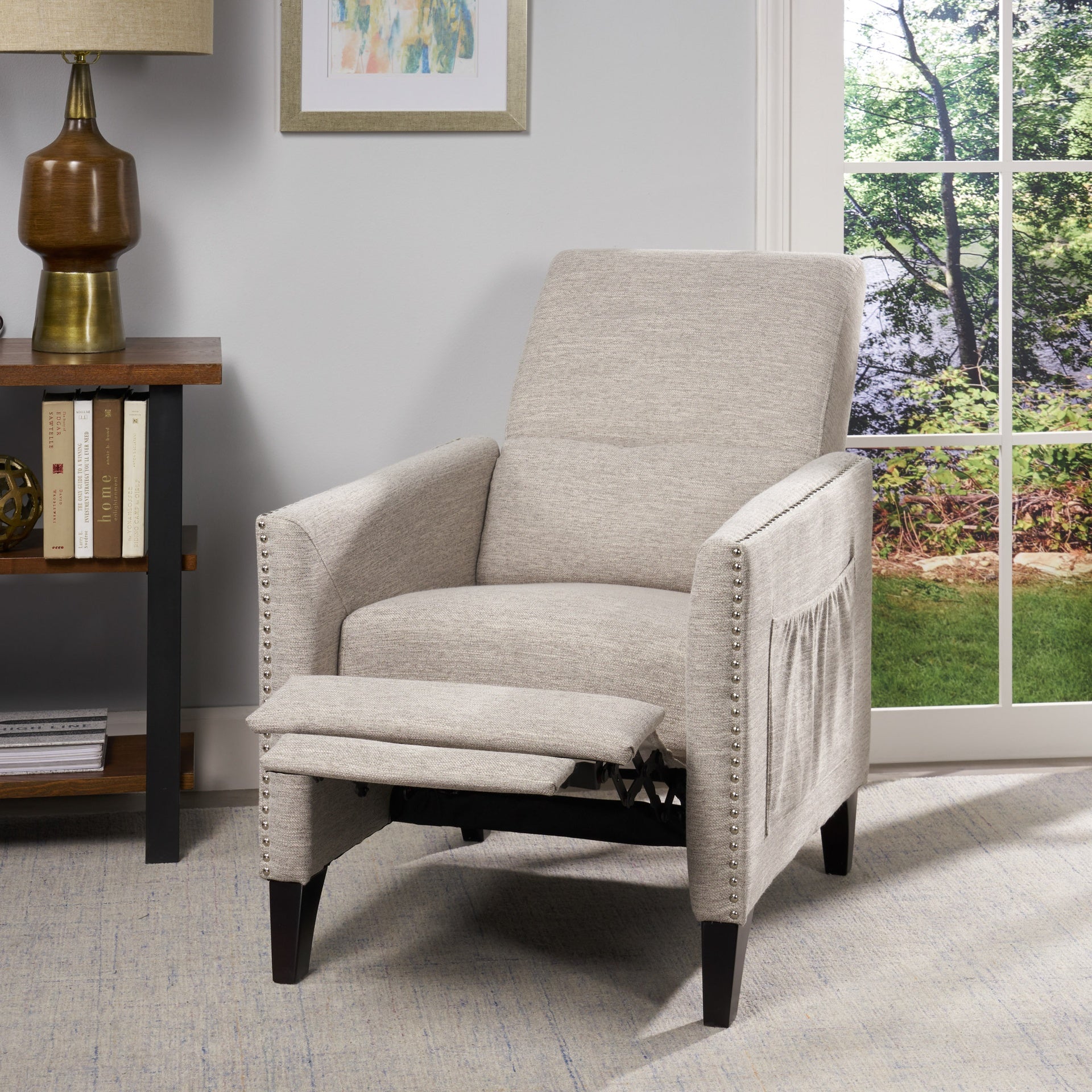 Pushback Recliner Chair with side pocket, Fabric Armchair Push Back Recliner with Rivet Decoration, Mid Century Accent Chair for Living Room, Bedroom