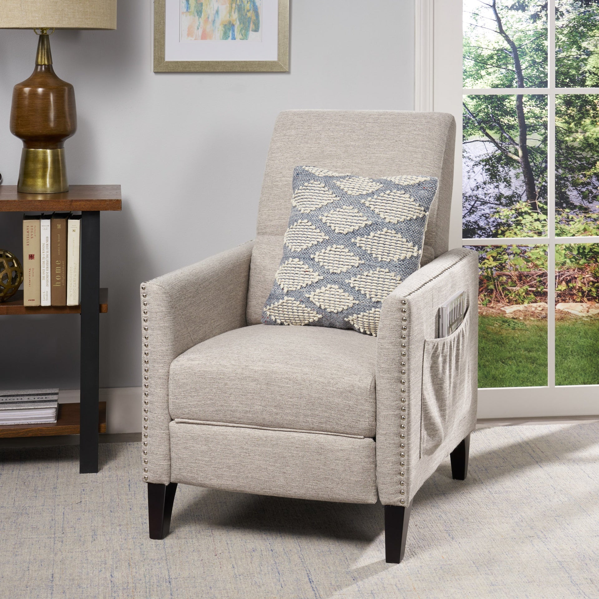 Pushback Recliner Chair with side pocket, Fabric Armchair Push Back Recliner with Rivet Decoration, Mid Century Accent Chair for Living Room, Bedroom