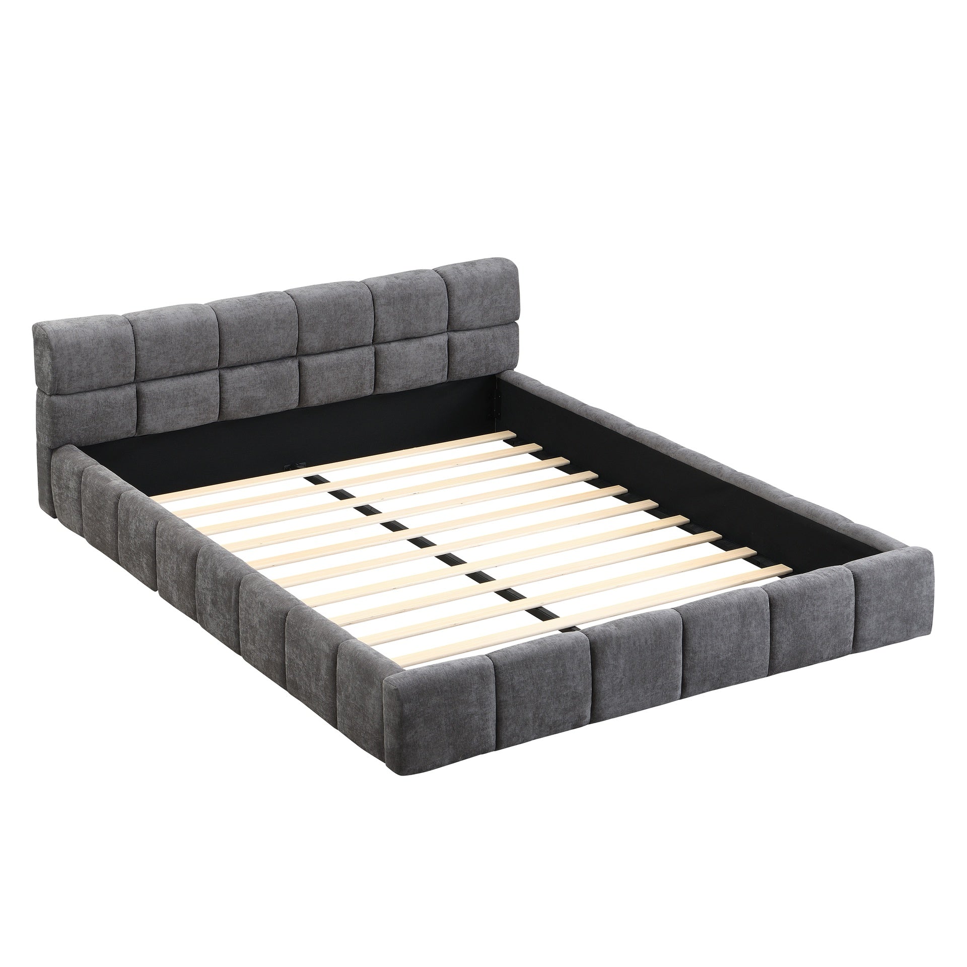Elegant Chenille Upholstered Bed with Checkerboard Design, Queen, Grey