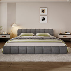 Elegant Chenille Upholstered Bed with Checkerboard Design, Queen, Grey