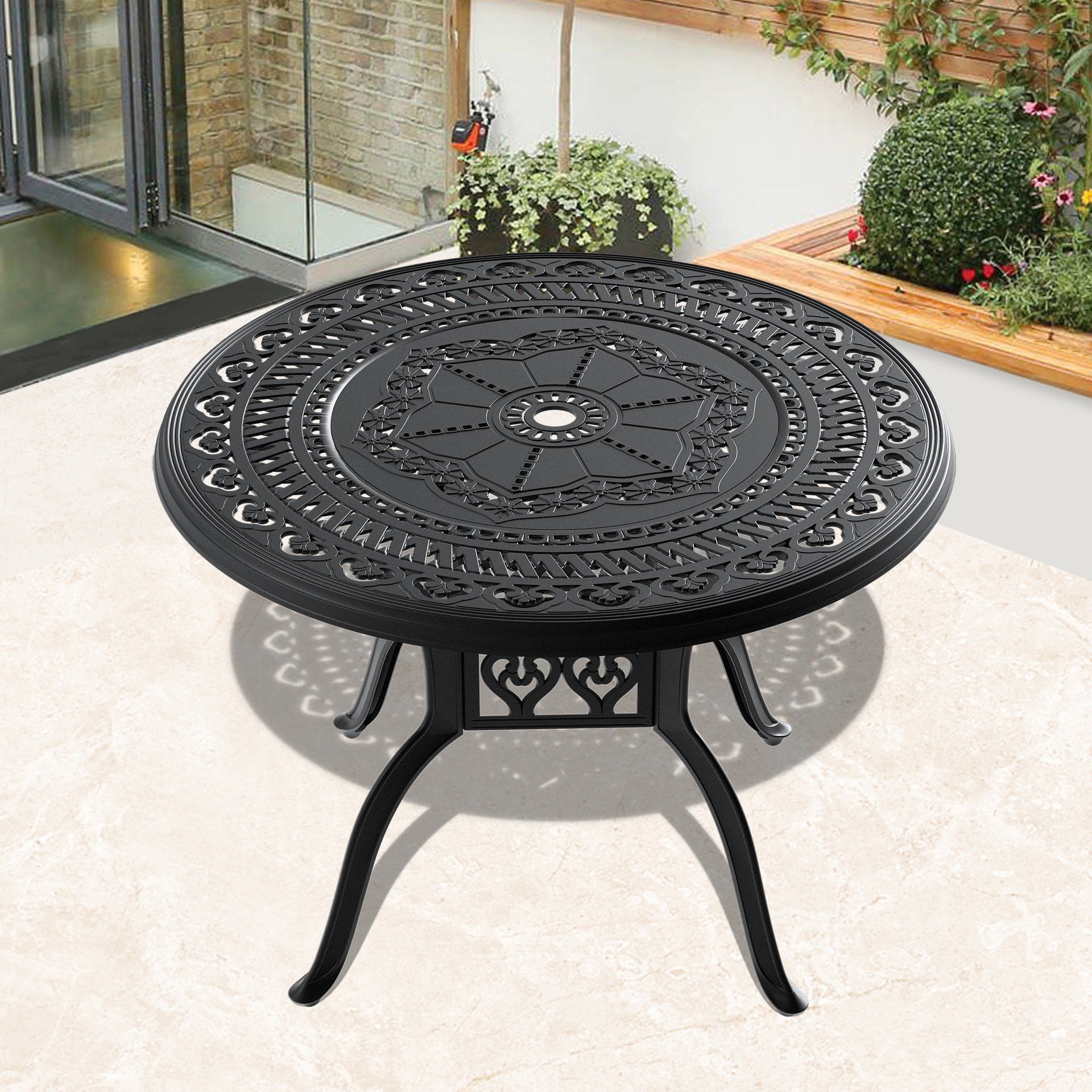39.37-inch Cast Aluminum Patio Dining Table With Black Frame and Umbrella Hole