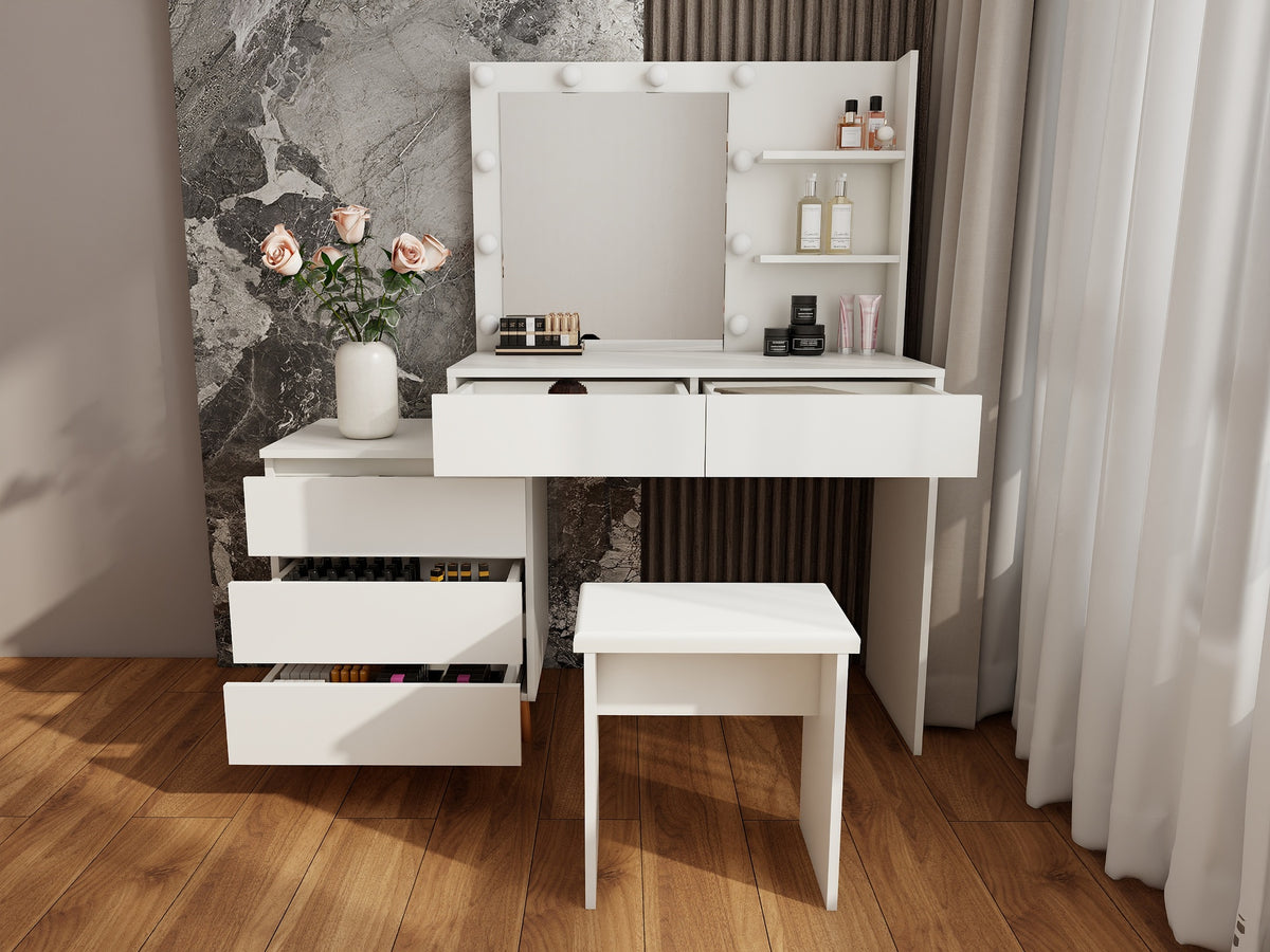 LED Lighted Makeup Vanity Table with Mirror - White Beauty Station with Storage Drawers, Matching Stool, and Organizing Compartments for Makeup Brushes and Cosmetics
