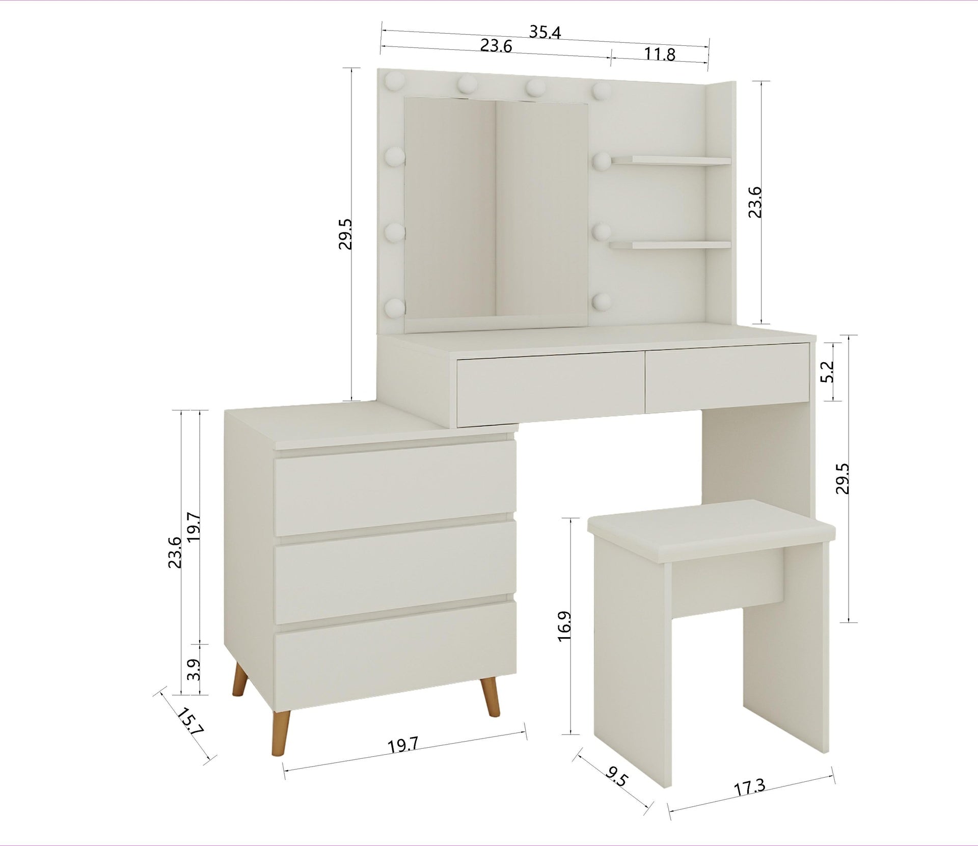 LED Lighted Makeup Vanity Table with Mirror - White Beauty Station with Storage Drawers, Matching Stool, and Organizing Compartments for Makeup Brushes and Cosmetics