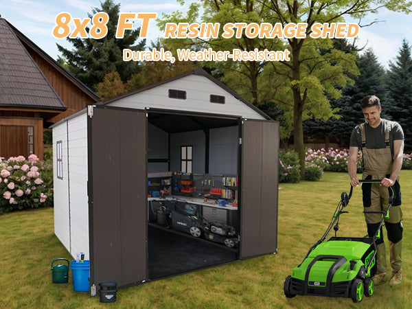 8x8x7.6FT Outdoor Resin Storage Shed with Windows, Strong Aluminum Frame & Floor for Garden, Backyard Organization (White+Brown)