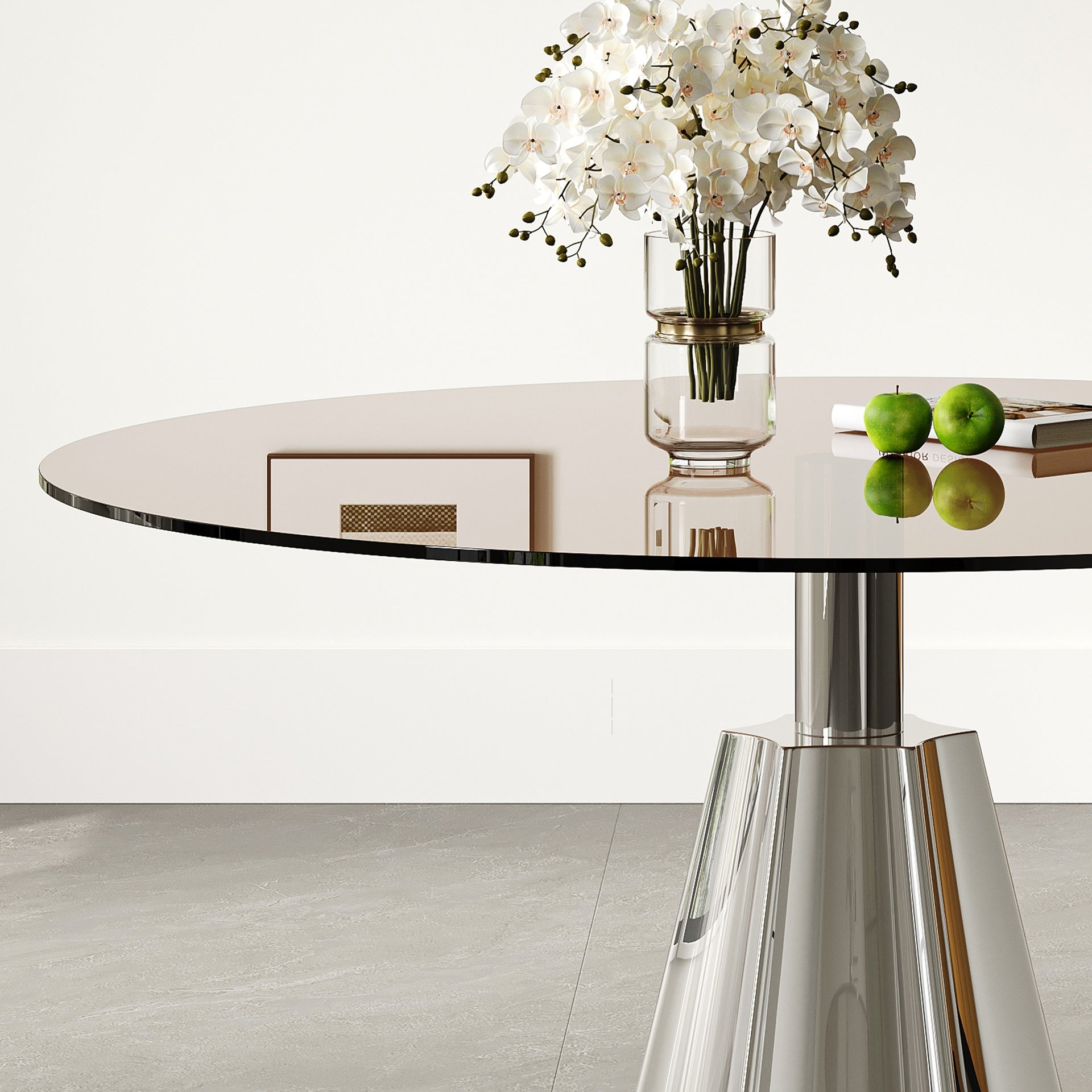Compact 35" Round Dining Table, Mid-Century Modern Black Glass Top & Silver Flared Base for Kitchen, Living Room, Afternoon Tea