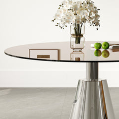 Compact 35" Round Dining Table, Mid-Century Modern Black Glass Top & Silver Flared Base for Kitchen, Living Room, Afternoon Tea