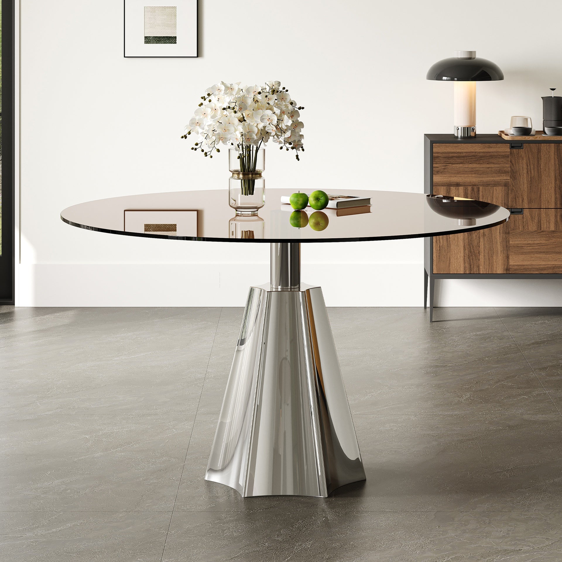 Compact 35" Round Dining Table, Mid-Century Modern Black Glass Top & Silver Flared Base for Kitchen, Living Room, Afternoon Tea