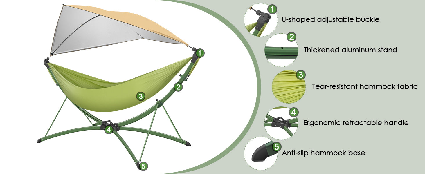 Portable Outdoor/Garden Hammock with Quick-Fold Stand, Adjustable Sunshade, and Storage Bag Adult/Child Hammock Chair Heavy-Duty Hammock Suitable for Camping, Home Gardens, Hotels, Outdoors, Beaches