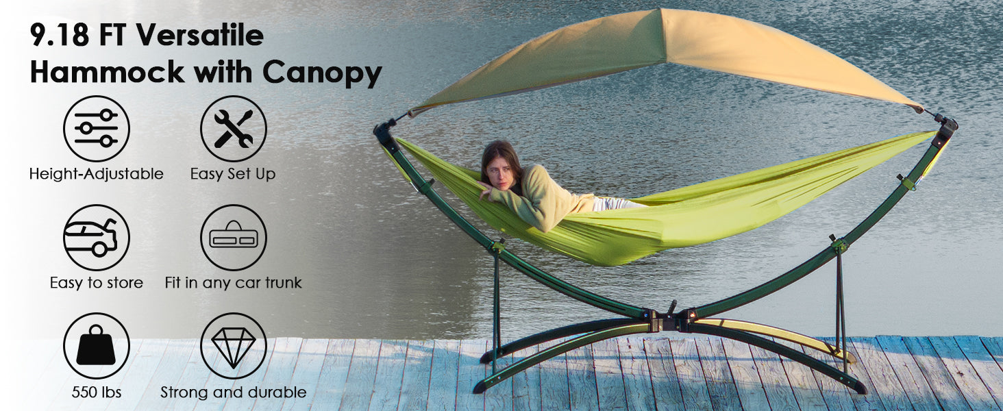 Portable Outdoor/Garden Hammock with Quick-Fold Stand, Adjustable Sunshade, and Storage Bag Adult/Child Hammock Chair Heavy-Duty Hammock Suitable for Camping, Home Gardens, Hotels, Outdoors, Beaches