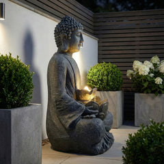 Zen-Style 2-Tier Meditating Buddha Water Fountain with Pump & LED Light, Outdoor Waterfall & Buddha Statue for Garden, Patio & Backyard, 28" Height