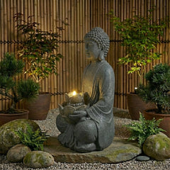 Zen-Style 2-Tier Meditating Buddha Water Fountain with Pump & LED Light, Outdoor Waterfall & Buddha Statue for Garden, Patio & Backyard, 28" Height
