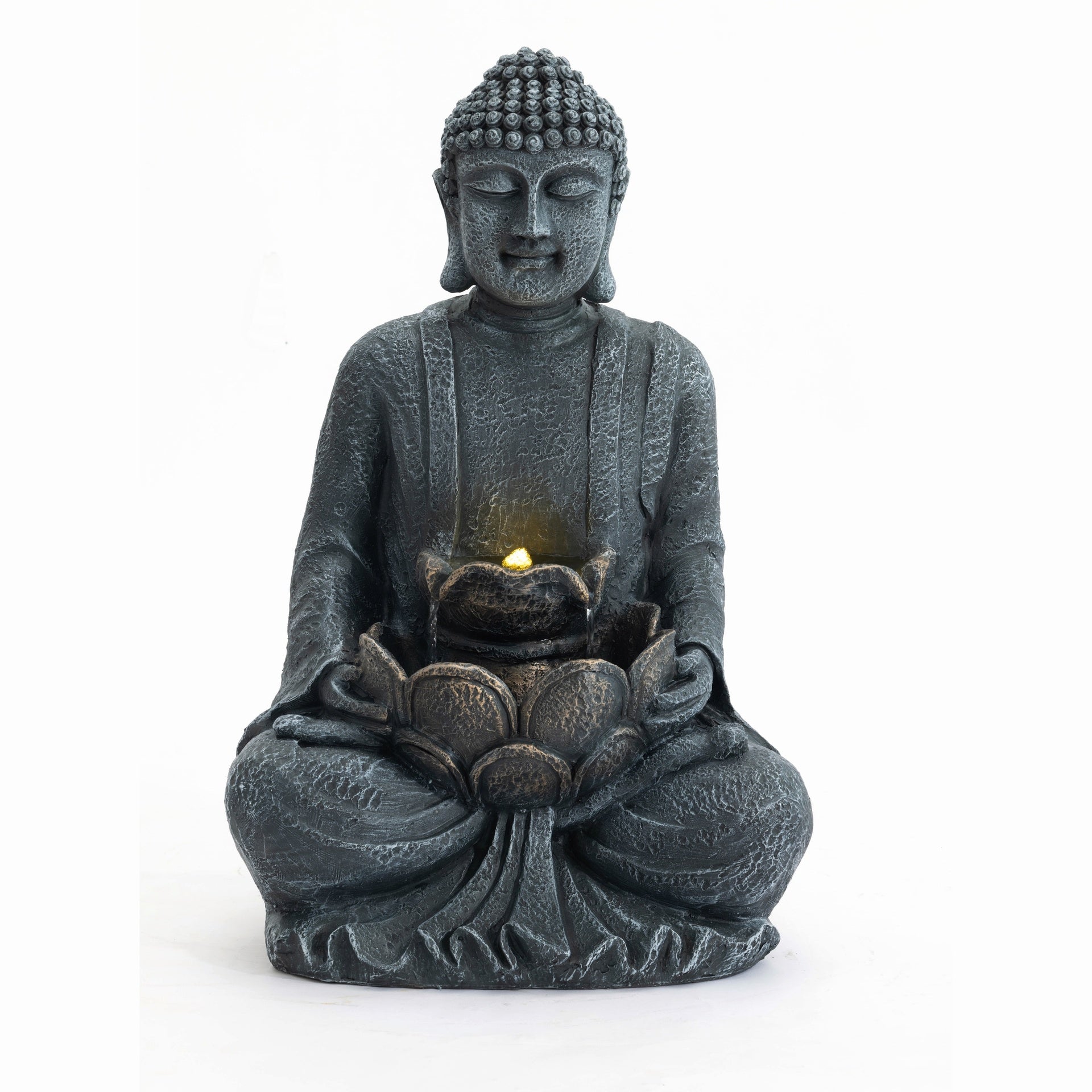 Zen-Style 2-Tier Meditating Buddha Water Fountain with Pump & LED Light, Outdoor Waterfall & Buddha Statue for Garden, Patio & Backyard, 28" Height