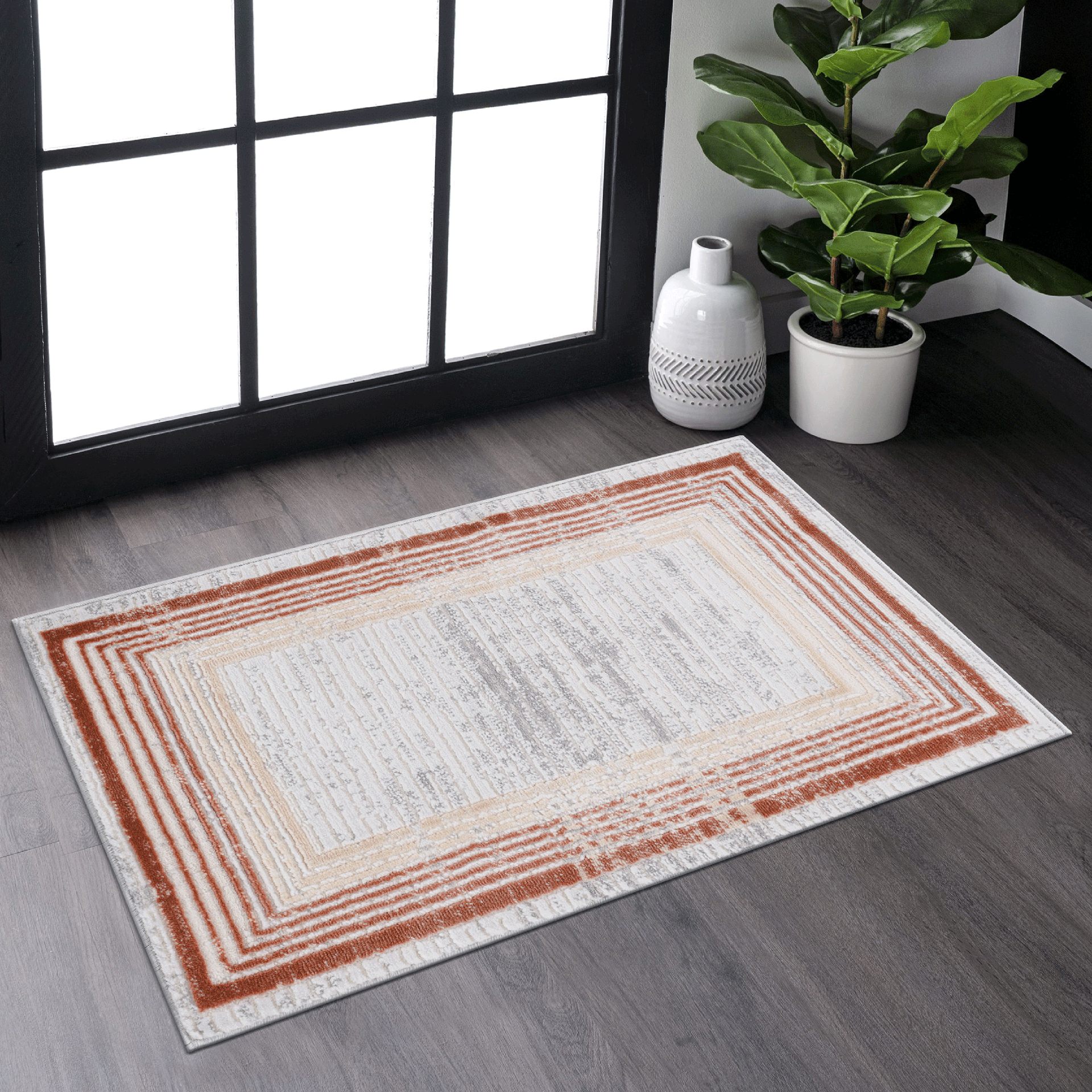 MARFI Collection 2X3 Brown / Ivory / Bordered Doormat Rug