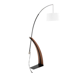 Robyn Mid-Century Modern Floor Lamp in Walnut Wood and Black Metal with White Linen Shade by LumiSource